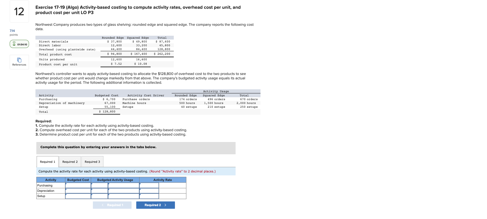 12 7.14 points Exercise 17-19 (Algo) Activity-based costing to compute activity rates,