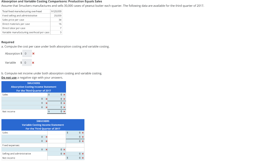 Absorption and Variable Costing Comparisons: Production Equals Sales Assume that Smuckers manufactures