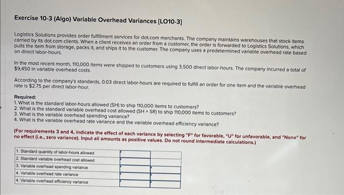 Exercise 10-3 (Algo) Variable Overhead Variances [LO10-3] Logistics Solutions provides order fulfillment