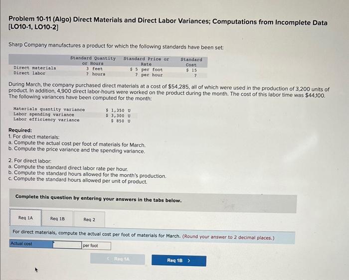 Problem 10-11 (Algo) Direct Materials and Direct Labor Variances; Computations from Incomplete