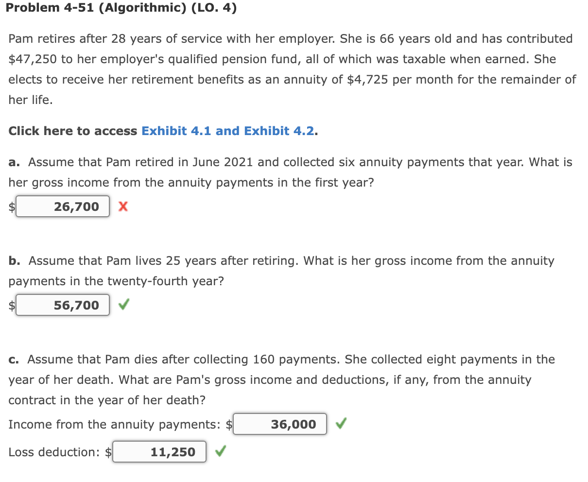 Problem 4-51 (Algorithmic) (LO. 4) Pam retires after 28 years of service