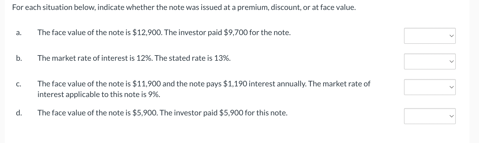 For each situation below, indicate whether the note was issued at a