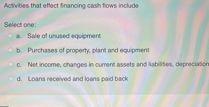 Activities that effect financing cash flows include Select one: a. Sale of