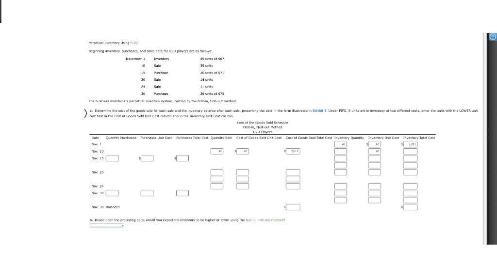 Perpetual Inventory Using FIFO Beginning inventory, purchases, and sales data for DVD
