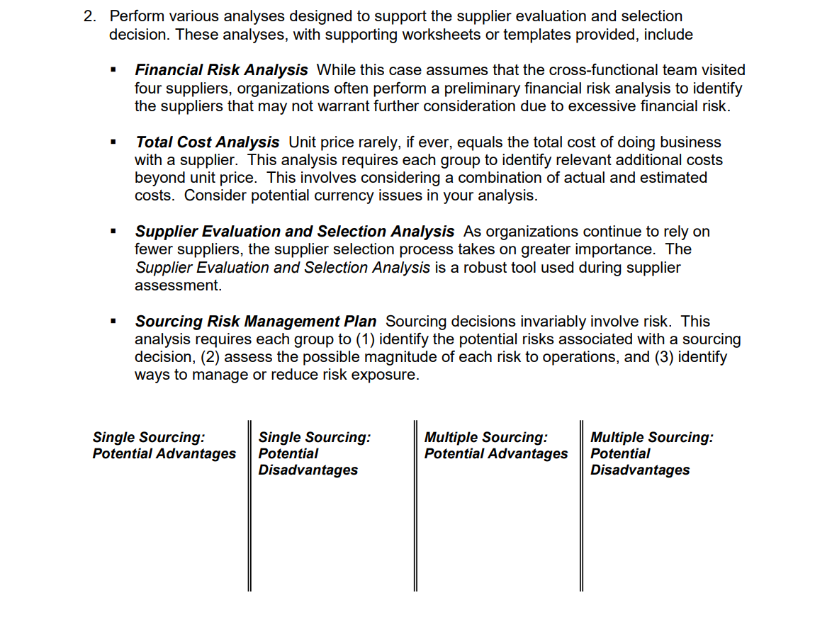 2. Perform various analyses designed to support the supplier evaluation and selection