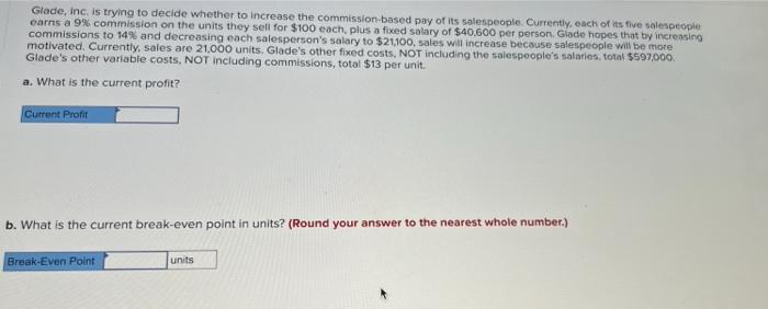Glade, Inc. is trying to decide whether to increase the commission-based pay