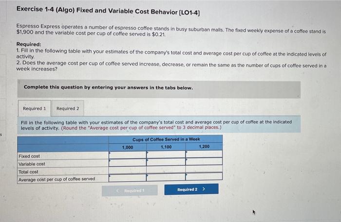 Exercise 1-4 (Algo) Fixed and Variable Cost Behavior [LO1-4] Espresso Express operates