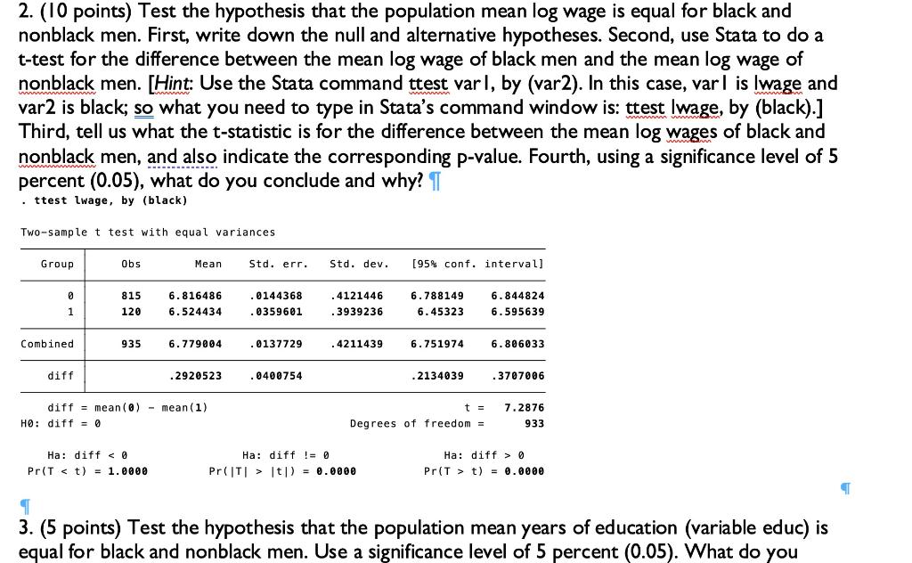 2. (10 points) Test the hypothesis that the population mean log wage