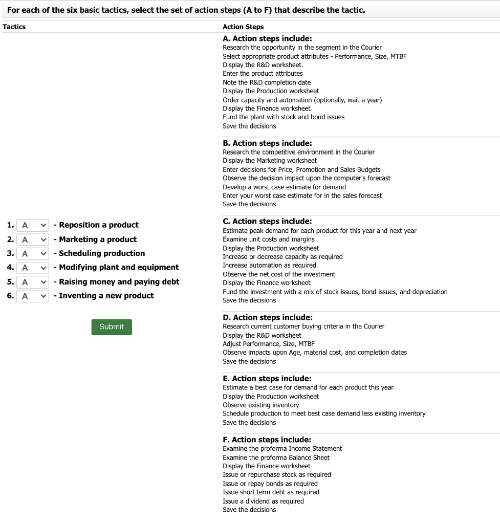 For each of the six basic tactics, select the set of action