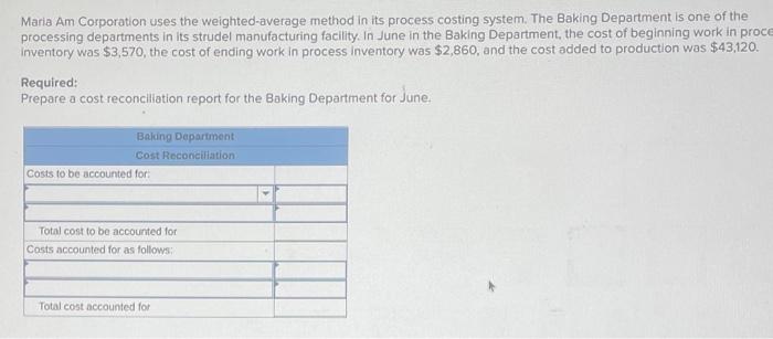Maria Am Corporation uses the weighted-average method in its process costing system.
