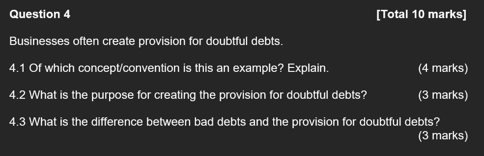 Question 4 Businesses often create provision for doubtful debts. [Total 10 marks]