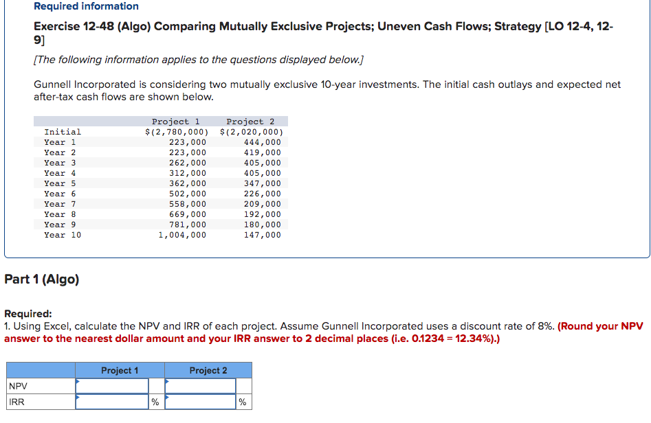Required information Exercise 12-48 (Algo) Comparing Mutually Exclusive Projects; Uneven Cash Flows;