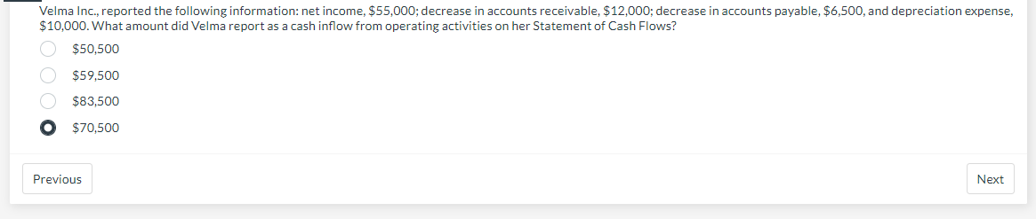 Velma Inc., reported the following information: net income, $55,000; decrease in accounts