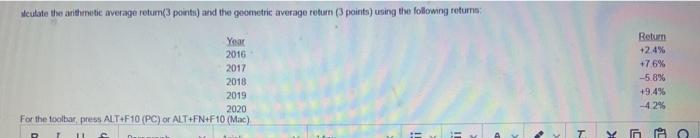 alculate the arithmetic average return(3 points) and the geometric average return (3