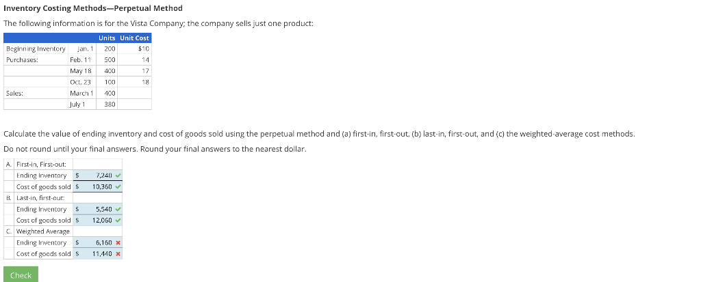 Inventory Costing Methods-Perpetual Method The following information is for the Vista Company;