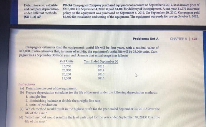 Determine cost; calculate and compare depreciation under different methods. (SO 1, 2)