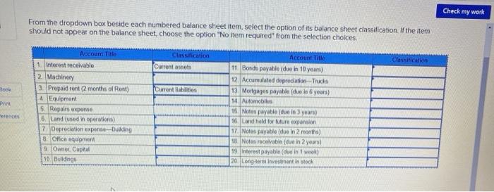 From the dropdown box beside each numbered balance sheet Item, select the