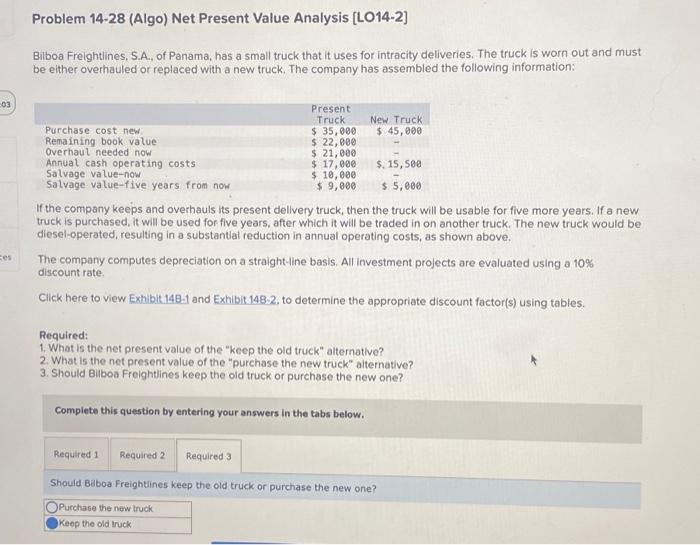 03 Problem 14-28 (Algo) Net Present Value Analysis [LO14-2] Bilboa Freightlines, S.A.,