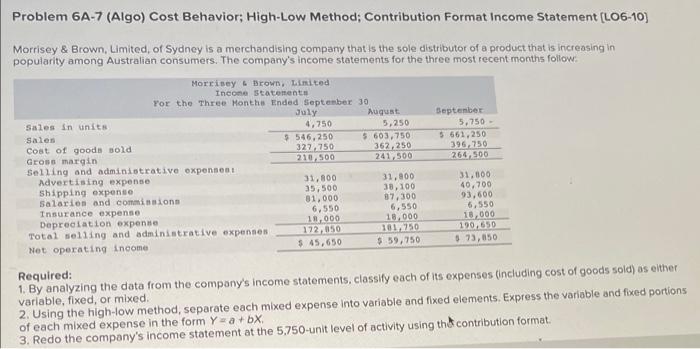 Problem 6A-7 (Algo) Cost Behavior; High-Low Method; Contribution Format Income Statement [LO6-10]