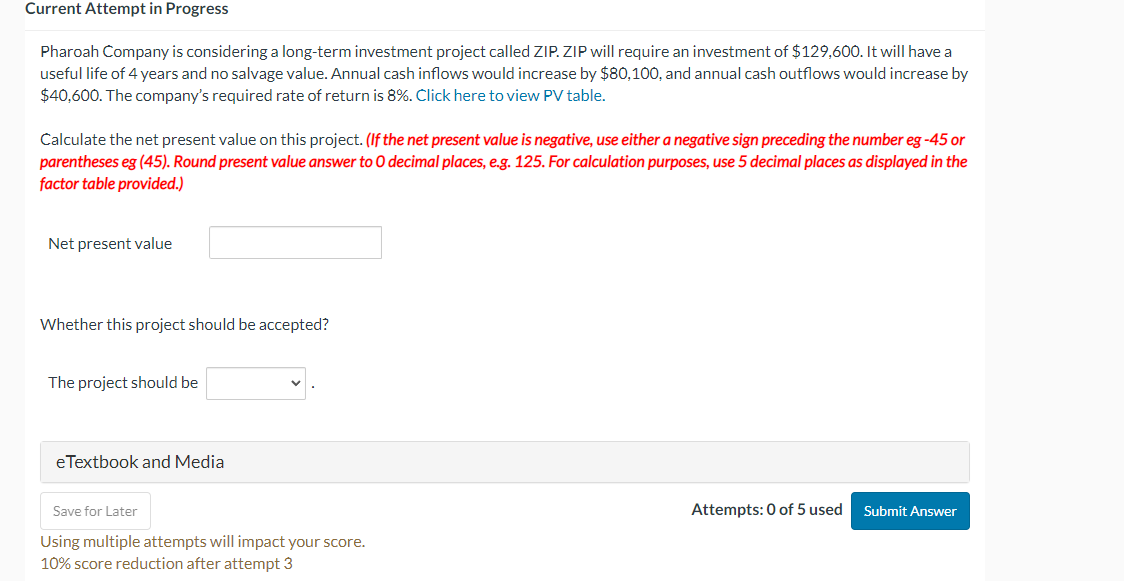 Current Attempt in Progress Pharoah Company is considering a long-term investment project