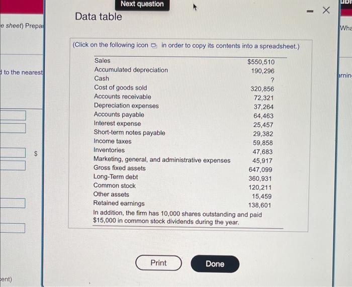 e sheet) Prepar to the nearest ent) Data table Next question (Click