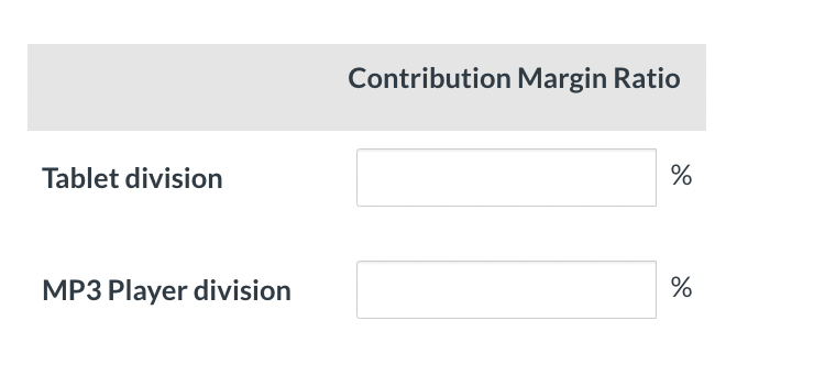 Tablet division MP3 Player division Contribution Margin Ratio % %