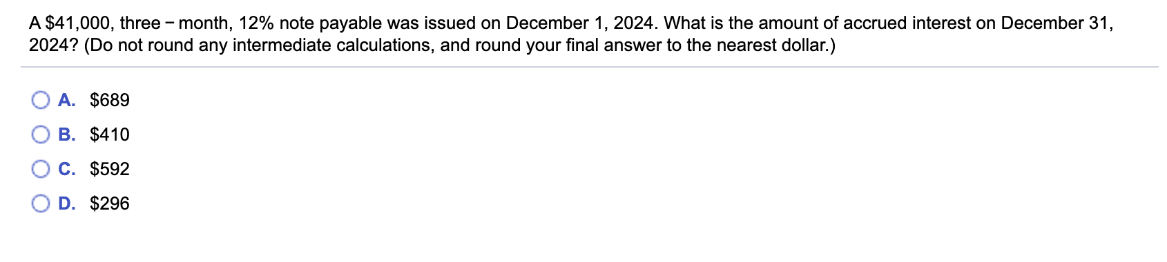 A $41,000, three-month, 12% note payable was issued on December 1, 2024.