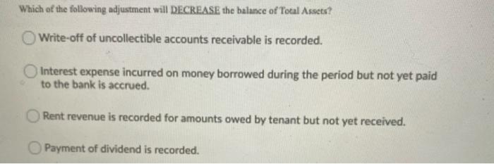 Which of the following adjustment will DECREASE the balance of Total Assets?