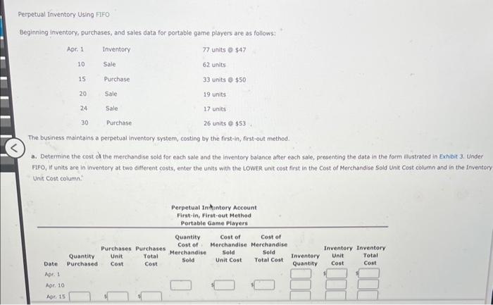 Perpetual Inventory Using FIFO Beginning inventory, purchases, and sales data for portable
