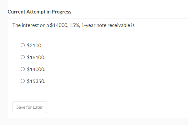 Current Attempt in Progress The interest on a $14000, 15%, 1-year note
