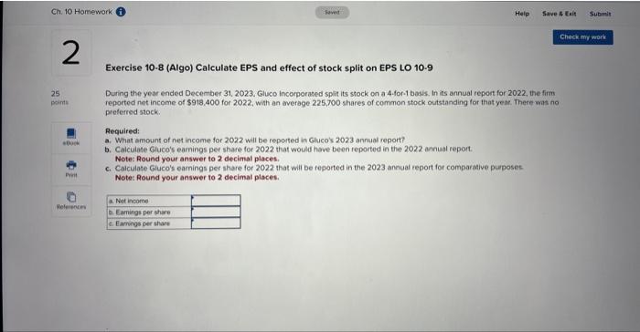 Ch. 10 Homework 2 25 points Saved Help Save & Exit Submit