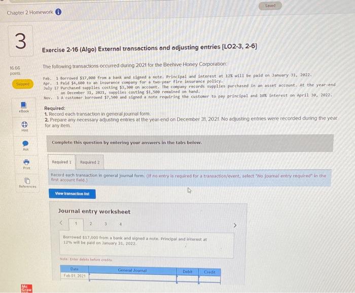 Chapter 2 Homework 3 Saved 16.66 points Skipped eBook Hint Exercise 2-16