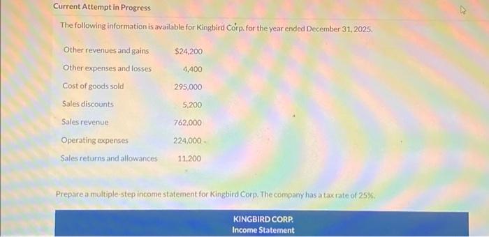 Current Attempt in Progress The following information is available for Kingbird Corp.