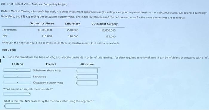 Basic Net Present Value Analysis, Competing Projects Kildare Medical Center, a for-profit