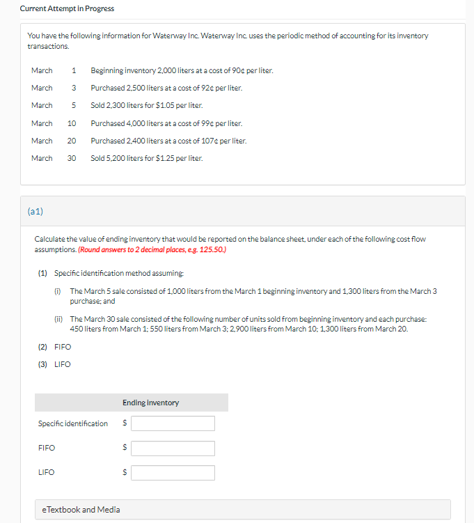 Current Attempt in Progress You have the following information for Waterway Inc.