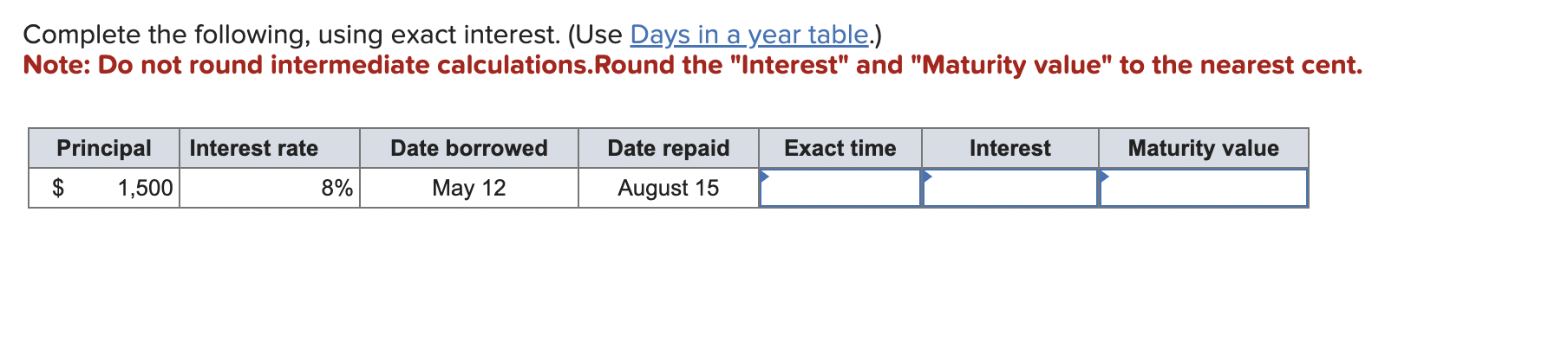 Complete the following, using exact interest. (Use Days in a year table.)