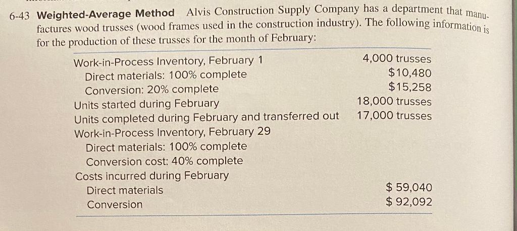 6-43 Weighted-Average Method Alvis Construction Supply Company has a department that manu-