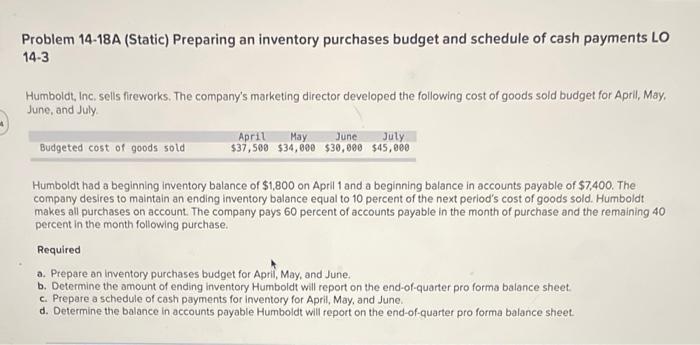 Problem 14-18A (Static) Preparing an inventory purchases budget and schedule of cash