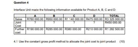 Question 4 Interface Unit made the following information available for Product A,