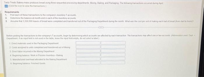 Tasty Treats Bakery mass-produces bread using three sequential processing departments Muong, Baking,