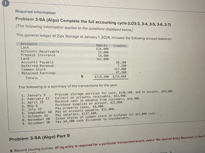 Required information Problem 3-9A (Algo) Complete the full accounting cycle (LO3-3, 3-4,