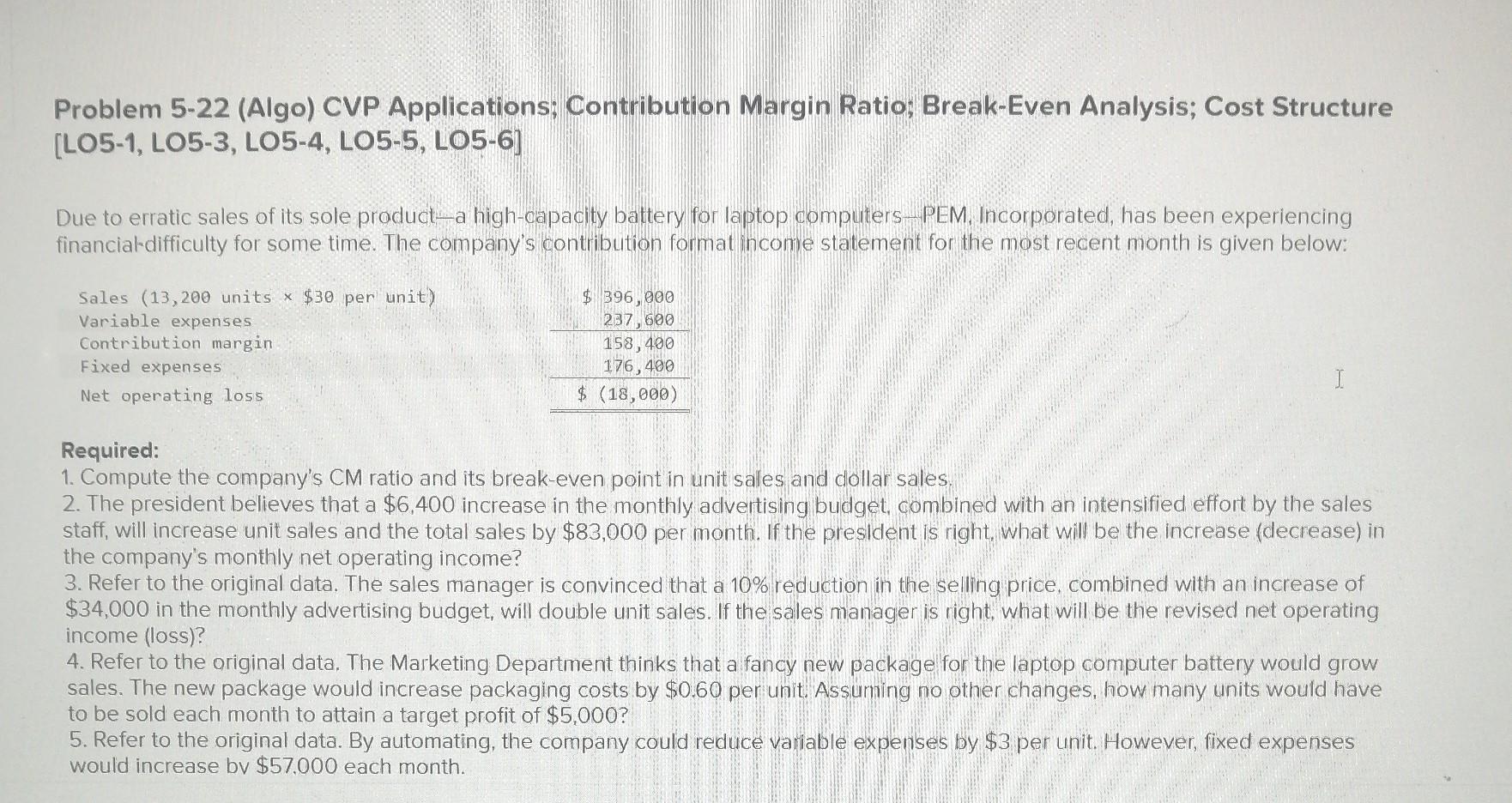 Problem 5-22 (Algo) CVP Applications; Contribution Margin Ratio; Break-Even Analysis; Cost Structure