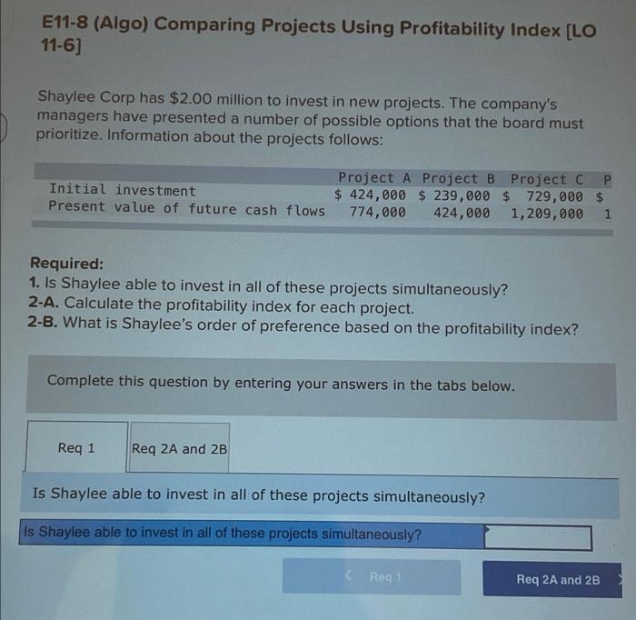 E11-8 (Algo) Comparing Projects Using Profitability Index [LO 11-6] Shaylee Corp has