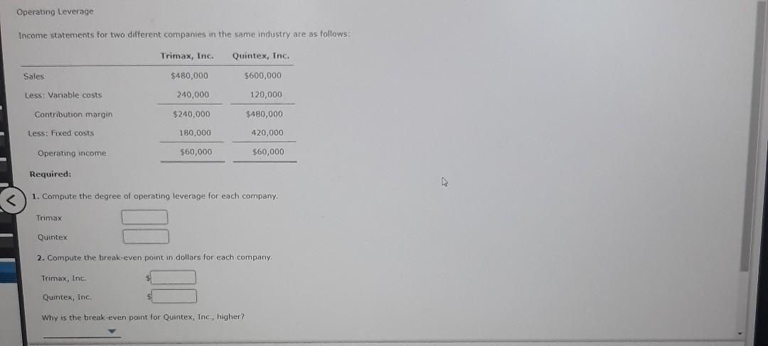 < Operating Leverage Income statements for two different companies in the same