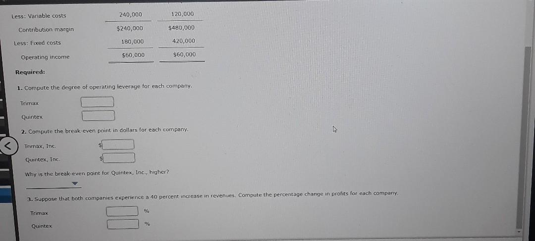 industry are as follows: Trimax, Inc. Quintex, Inc. Sales $480,000 $600,000 Less: