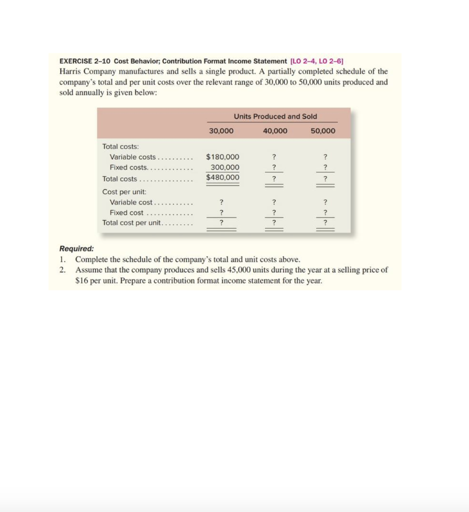 EXERCISE 2-10 Cost Behavior; Contribution Format Income Statement [LO 2-4, LO 2-6]