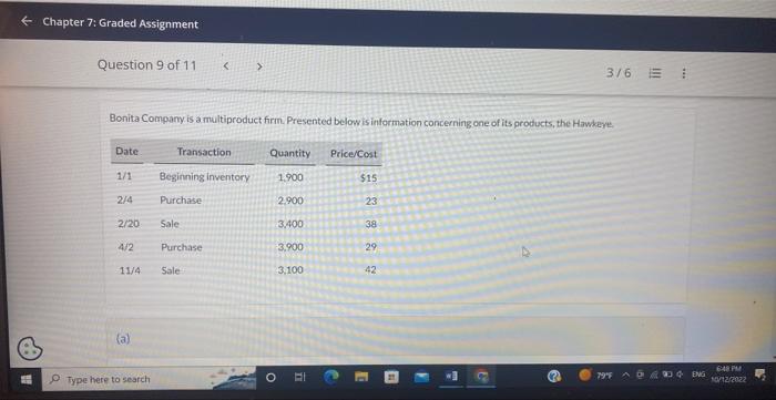 Chapter 7: Graded Assignment Question 9 of 11 < > Bonita Company