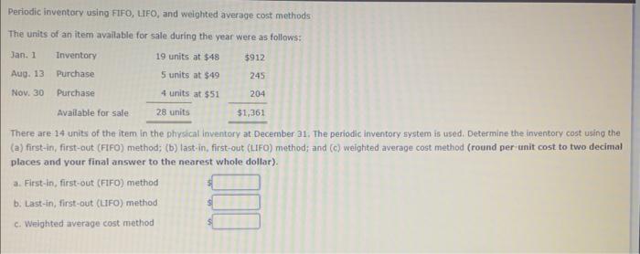 Periodic inventory using FIFO, LIFO, and weighted average cost methods The units