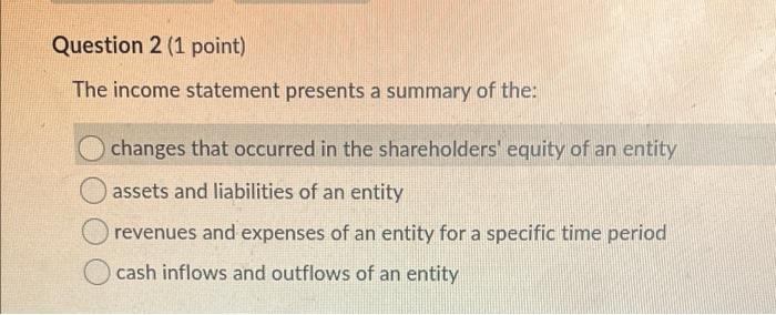 Question 2 (1 point) The income statement presents a summary of the: