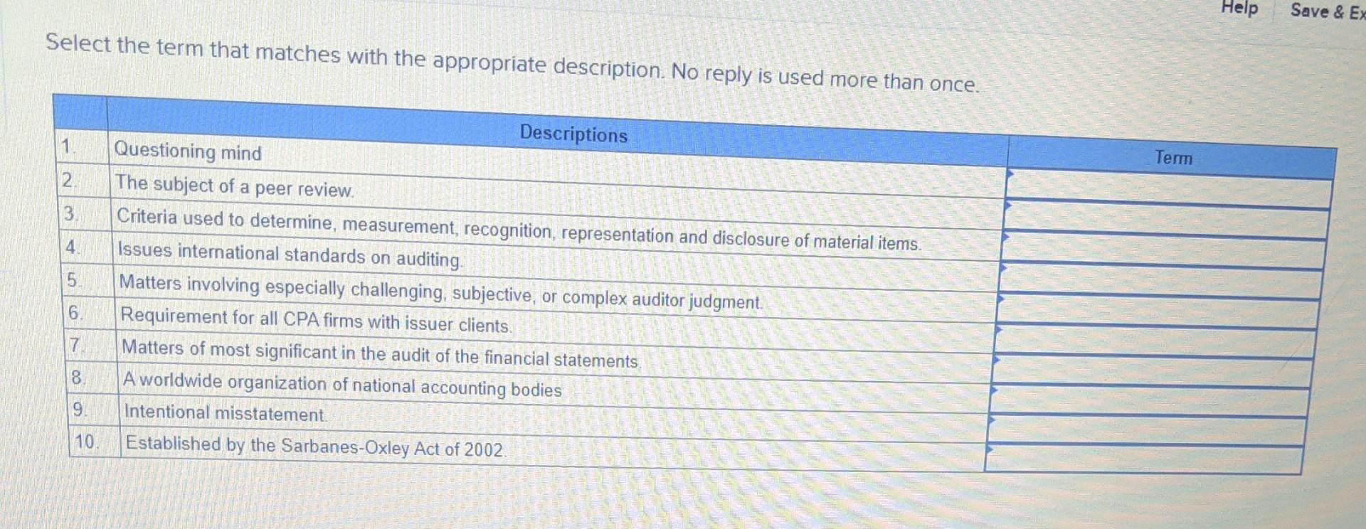 Select the term that matches with the appropriate description. No reply is